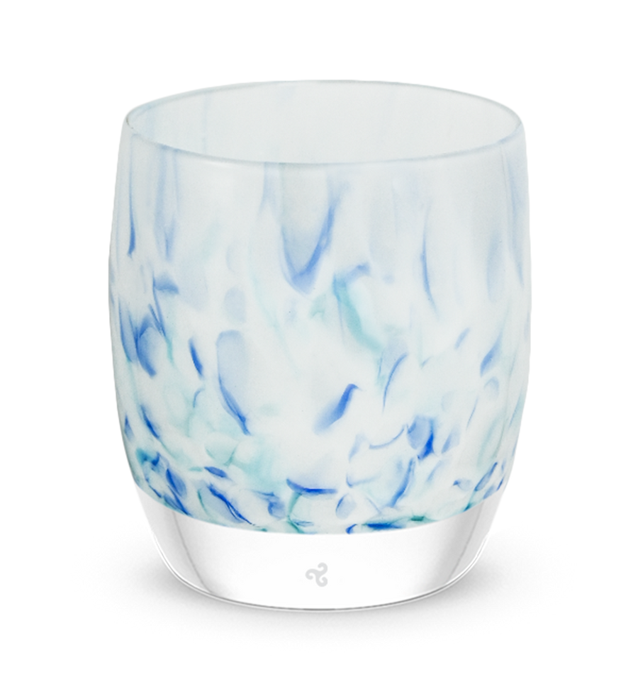 second act, blue, white, green hand blown votive candle holder