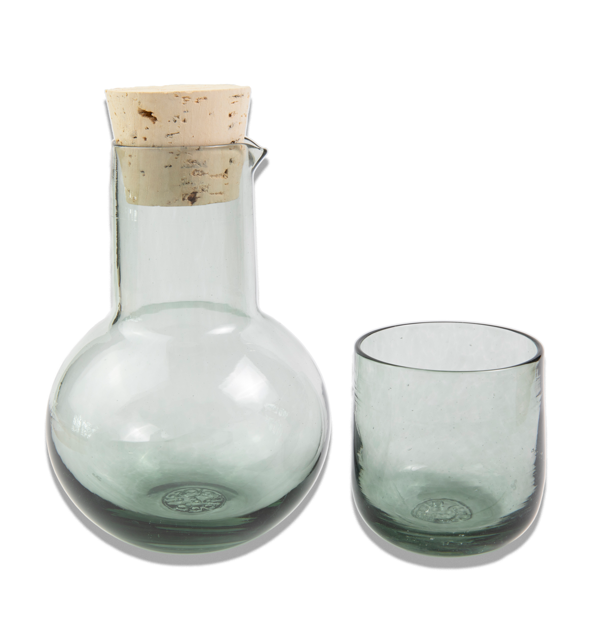 glass sipper grey, transparent grey and-blown glass corked decanter and cup. 