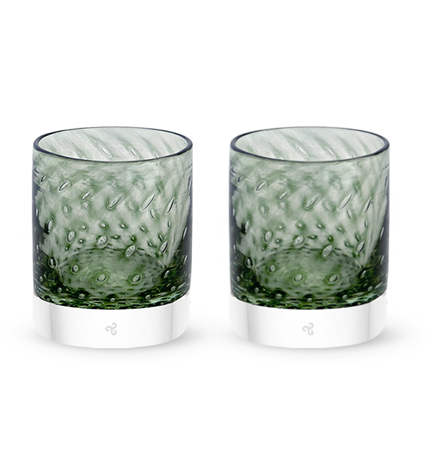 two Speakeasy rockers, dark transparent green with bubble pattern hand-blown glass lowball drinking glasses. #option_pair