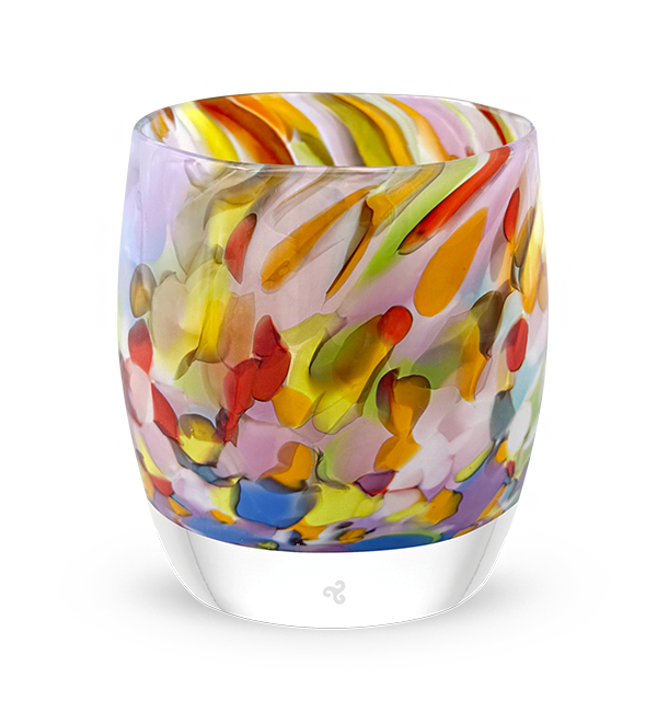 'spontaneous' colorful hand-blown glass candle holder
