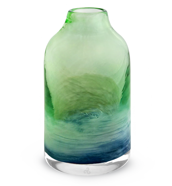 glassybaby bloomette transparent glass vase with blue, green, and white accents
