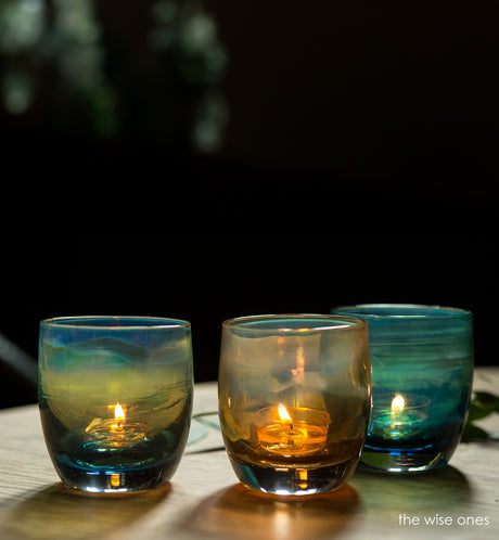 the wise ones glassybaby set, melchior shiny purple gray transparent, balthazar shiny blue transparent, casper shiny blue green transparent, hand-blown glass votive candle holder