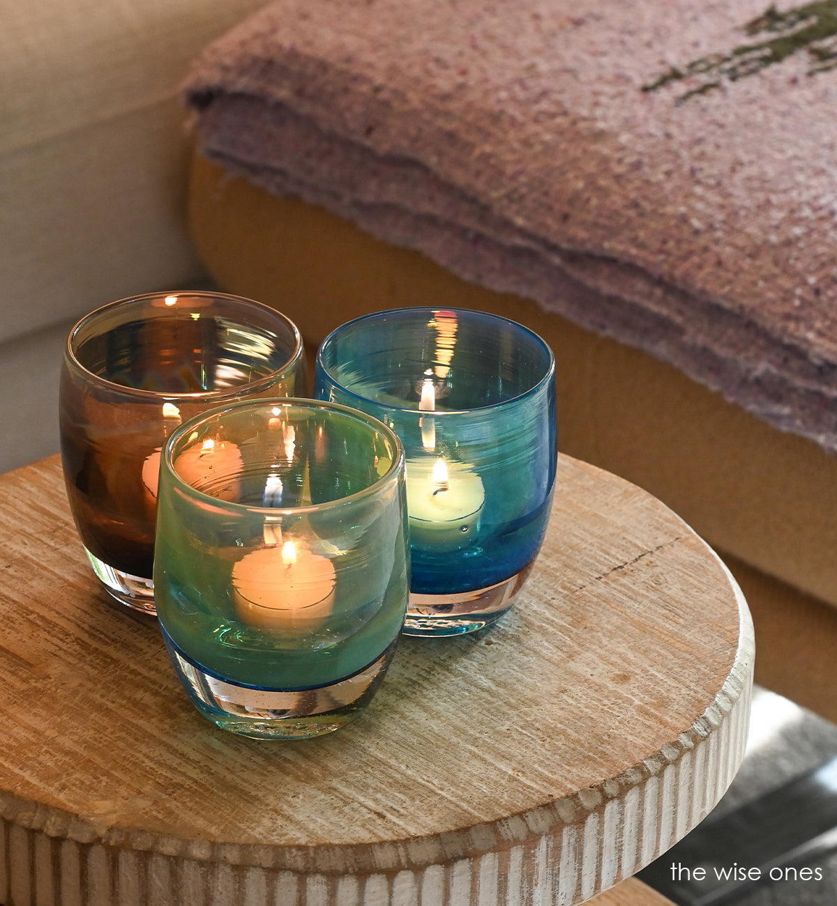 the wise ones glassybaby set, melchior shiny purple gray transparent, balthazar shiny blue transparent, casper shiny blue green transparent, hand-blown glass votive candle holder