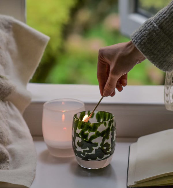 through the woods white green texture hand-blown-glass votive candle holder