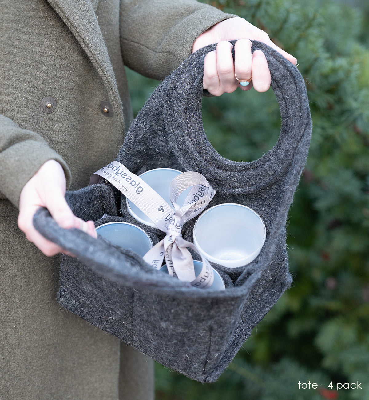 felt tote for four hand-blown glass votive candle holders or drinking glasses
