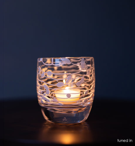 tuned in |clear white white strings wrapped around hand-blown glass candle holder