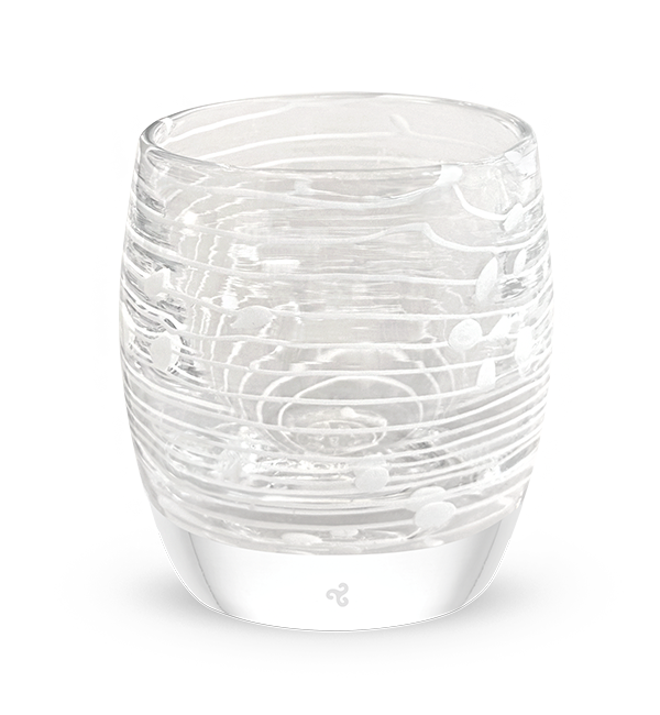 tuned in |clear white white strings wrapped around hand-blown glass candle holder