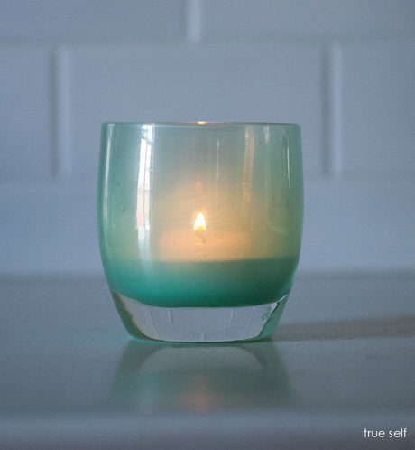 two true self, opaque translucent seafoam green, hand-blown glass votive candle holders