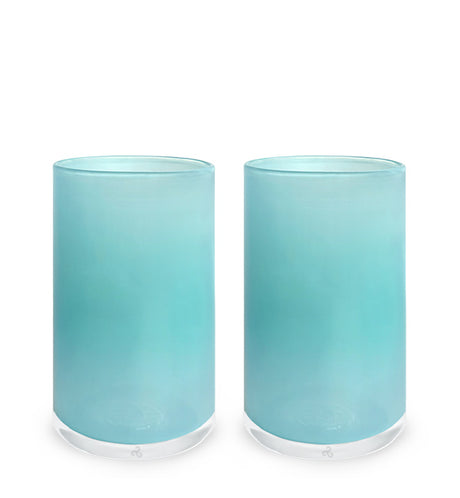 two turquoise tumblers, translucent ocean blue hand-blown water glasses