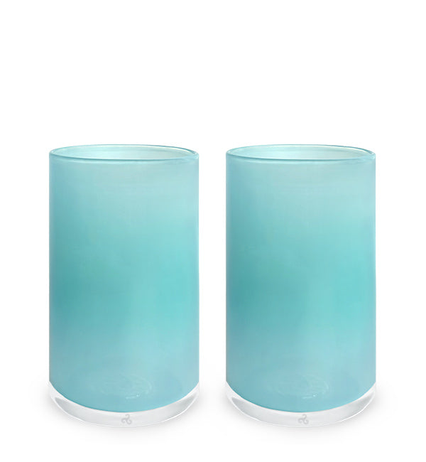 two turquoise tumblers, translucent ocean blue hand-blown water glasses