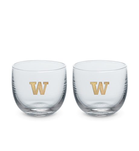 Washington drinker, clear hand-blown stemless wine glass with University of Washington logo hand-etched in gold.