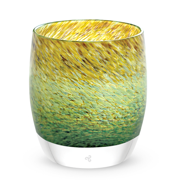 waterlilies, earthy green blue textured hand-blown glass votive candle holder.