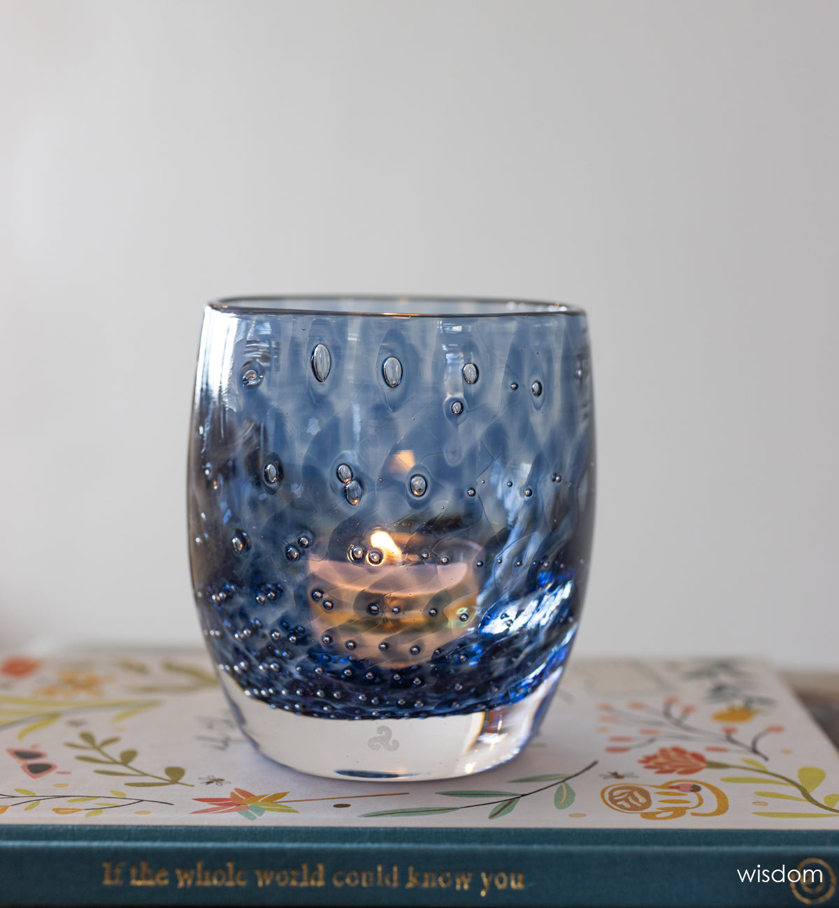 wisdom, unique navy bubble pattern, hand-blown glass votive candle holder.