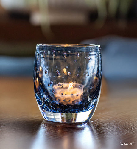 wisdom, unique navy bubble pattern, hand-blown glass votive candle holder.
