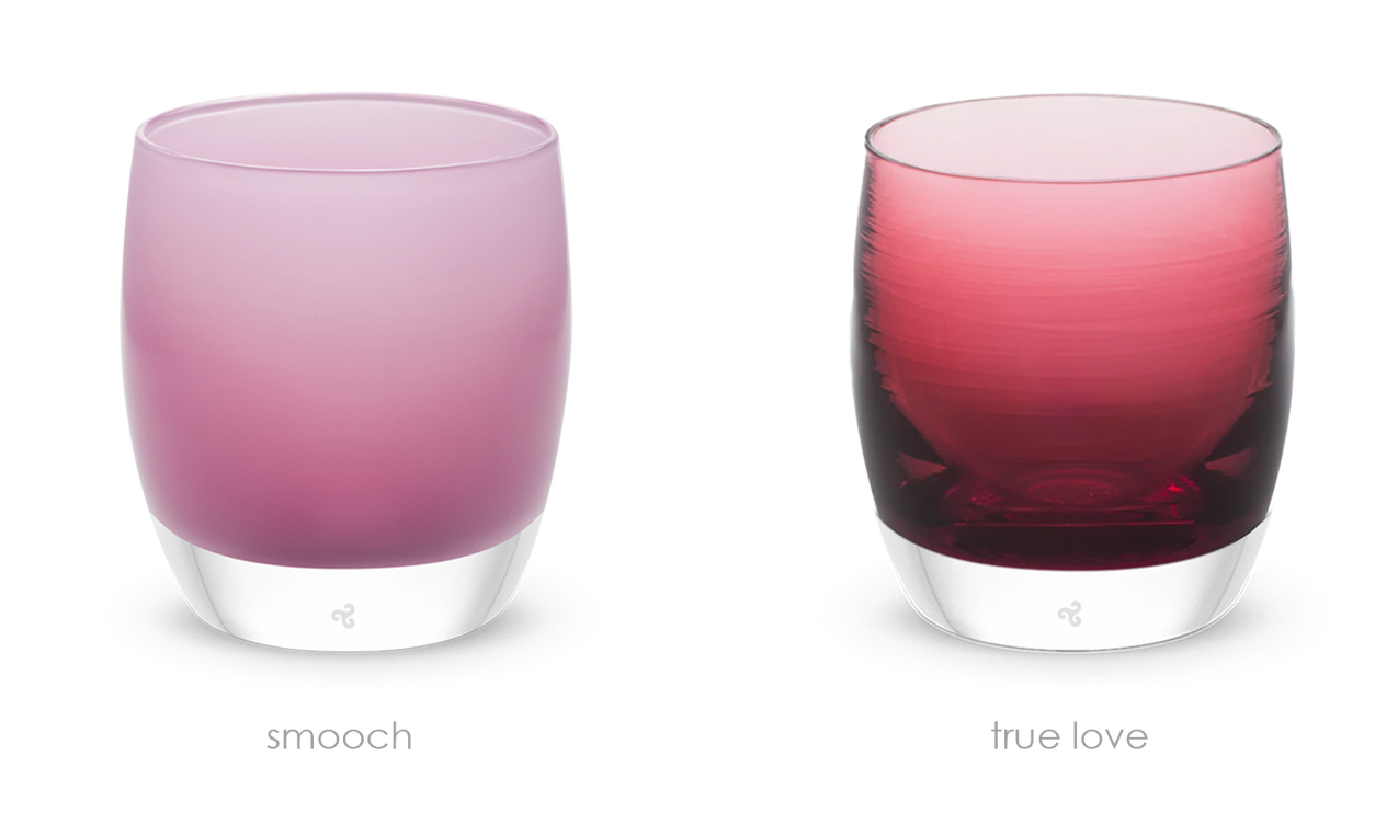 you may kiss the bride set, smooch pink and true love translucent dark pink, hand-blown glass votive candle holders