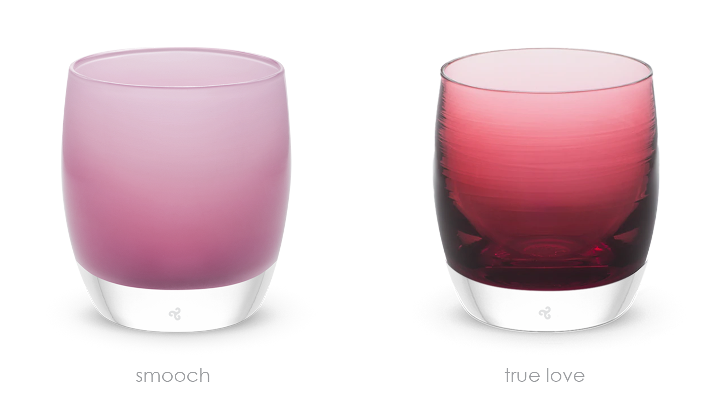 you may kiss the bride set, smooch pink and true love translucent dark pink, hand-blown glass votive candle holders