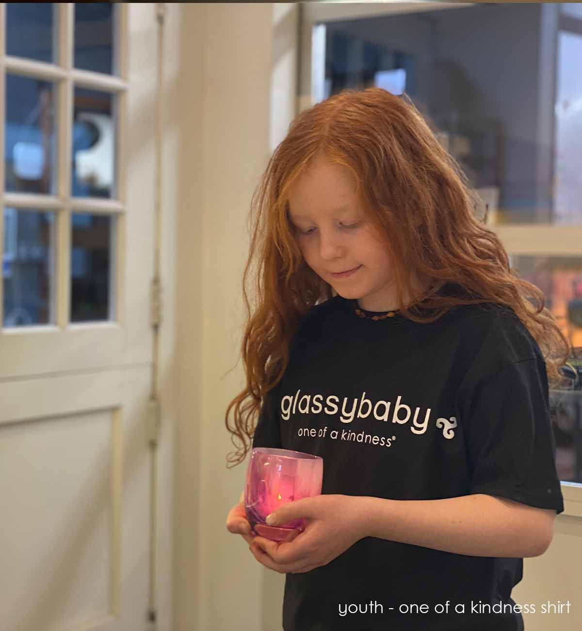 glassybaby one of a kindness in white printed on a black cotton t-shirt