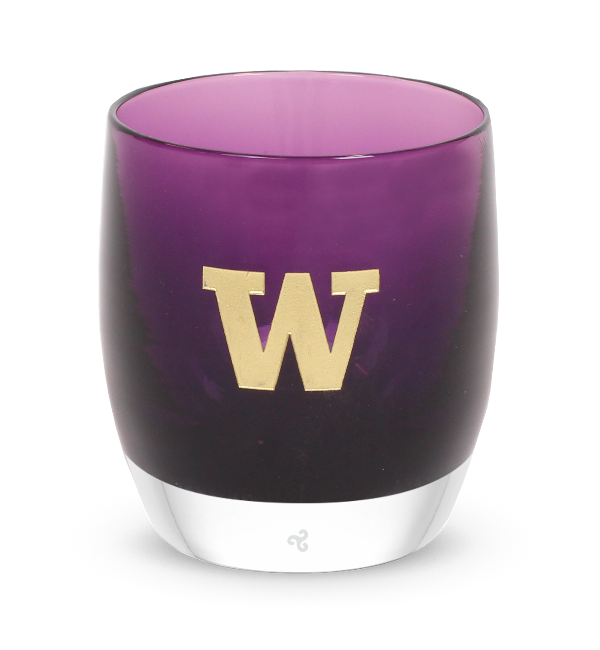 purple hand-blown glass votive candle holder with sandblasted university of washington etching hand painted in gold