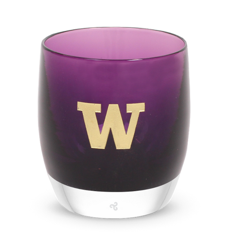 #School_Washington Washington, purple  with sandblasted university of washington etching hand painted in gold, hand-blown glass votive candle holder