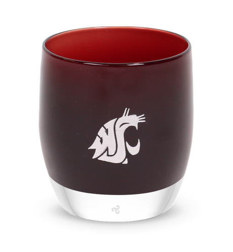 #School_Washington-State Washington State, crimson with sandblasted washington state university etching hand painted in silver, hand-blown glass votive candle holder.