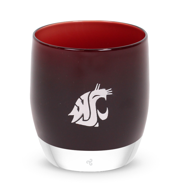 #School_Washington-State Washington State, crimson with sandblasted washington state university etching hand painted in silver, hand-blown glass votive candle holder.