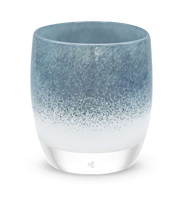 above the clouds again, deep grey on white, hand-blown glass votive candle holder.