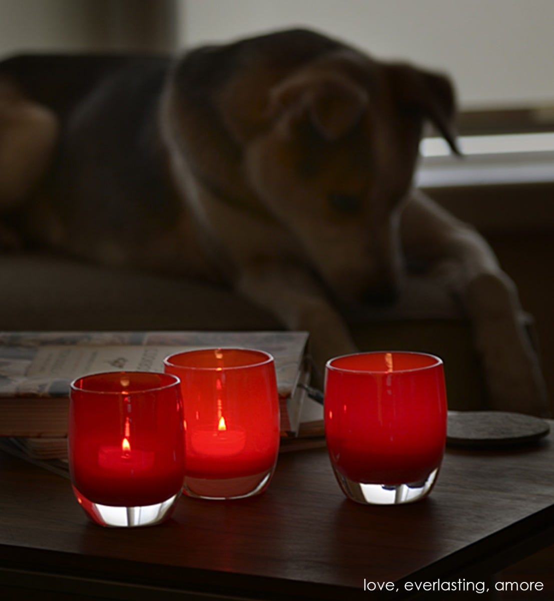 amore opaque red hand-blown glass votive candle holder. Paired with everlasting and love.