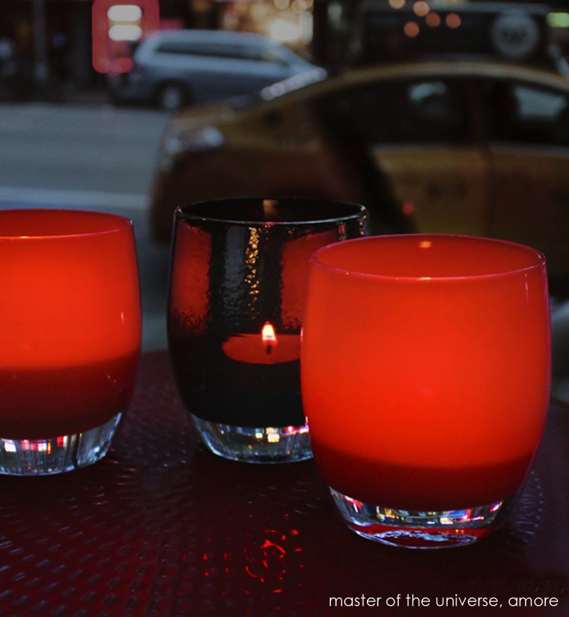 amore opaque red hand-blown glass votive candle holder. Paired with master of the universe.