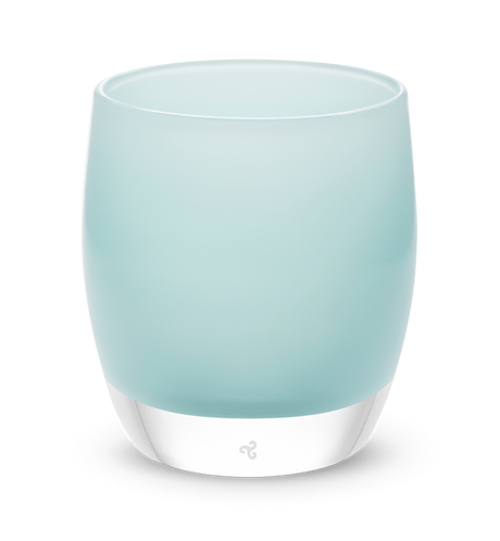 aquamarine hand-blown glass votive candle holder.