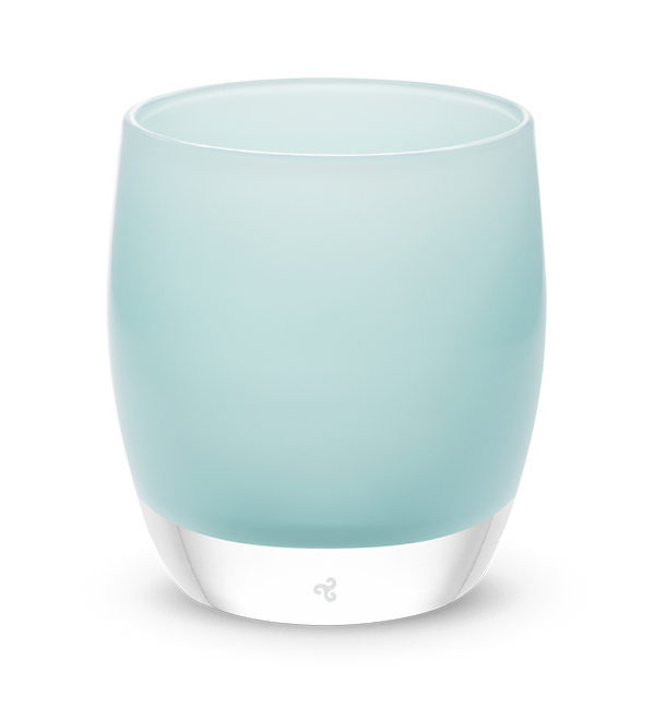 aquamarine hand-blown glass votive candle holder.