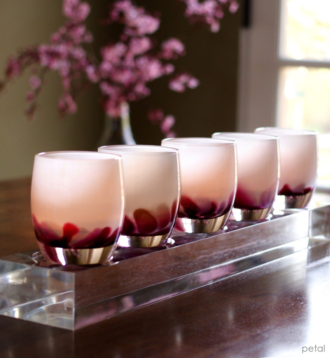 five well acrylic baby train, stand for hand-blown glass votive candle holders, paired with petal