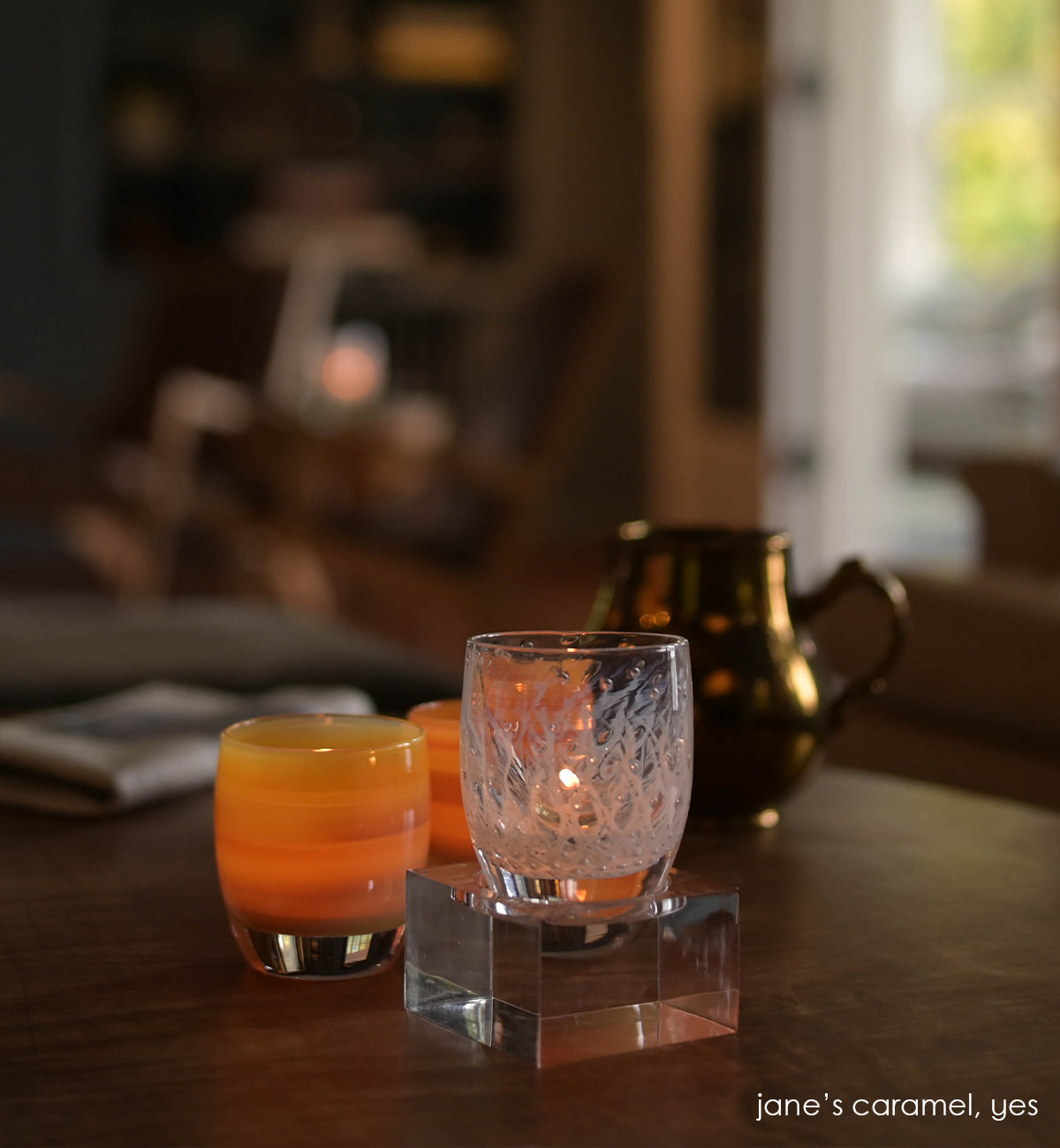 acrylic square baby stand for glassybaby hand-blown glass votive candle holder. Paired with jane's caramel and yes.