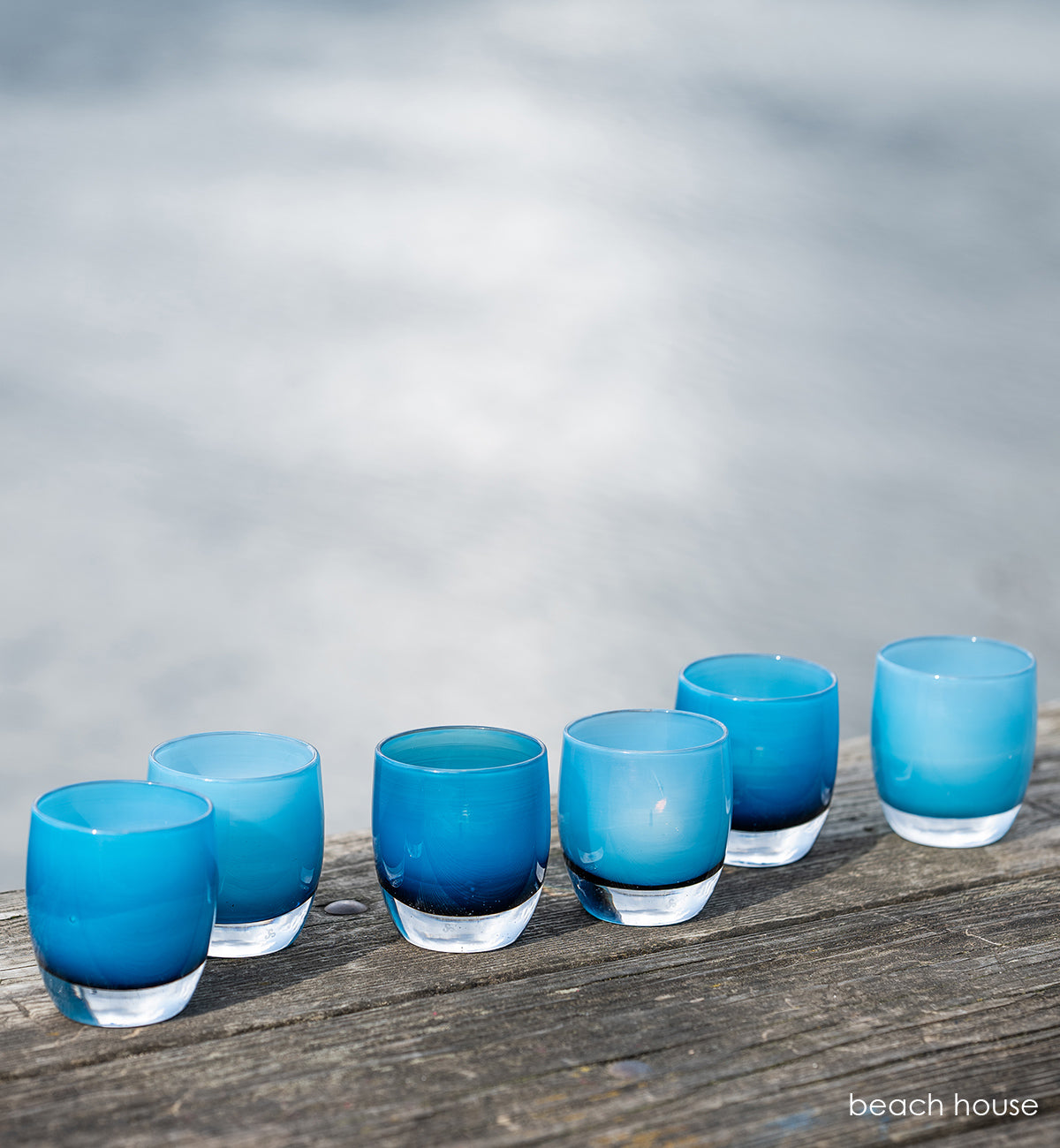 beach house gradient blue, hand-blown glass votive candle holder.