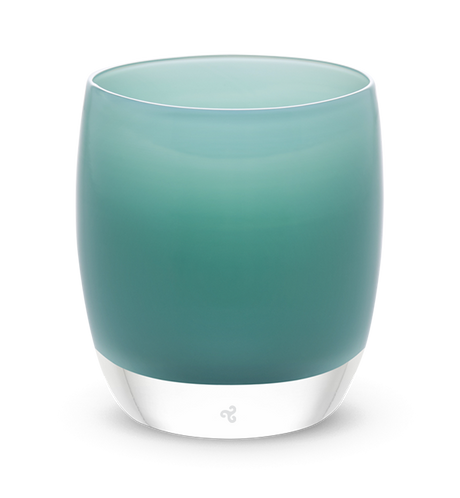 believe hand-blown soft pine green glass votive candle holder.