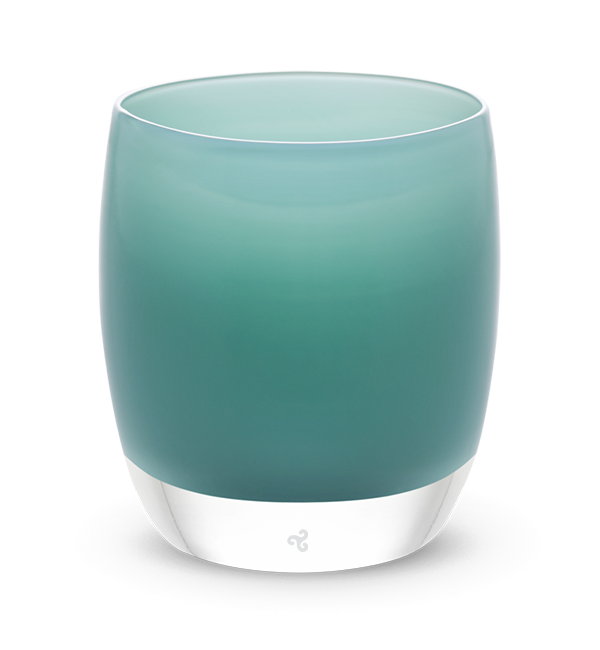 believe hand-blown soft pine green glass votive candle holder.