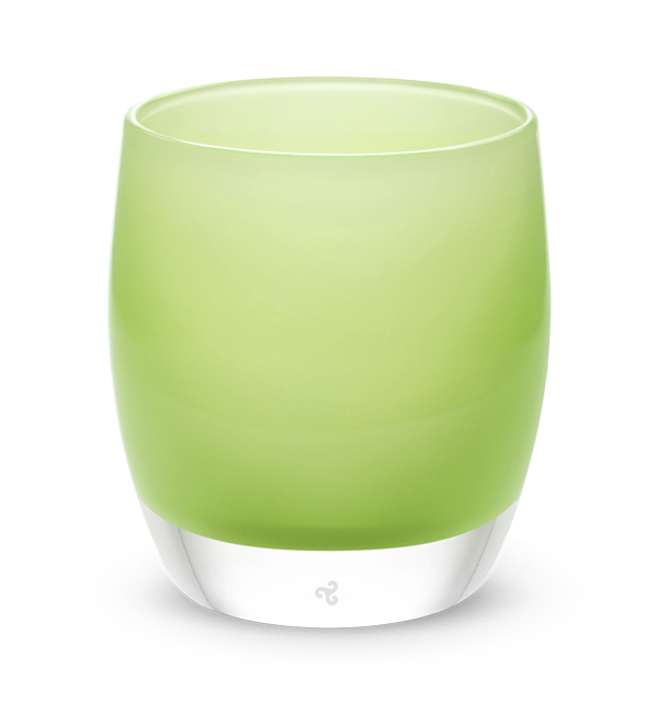 be patient, light green hand-blown glass votive candle holder