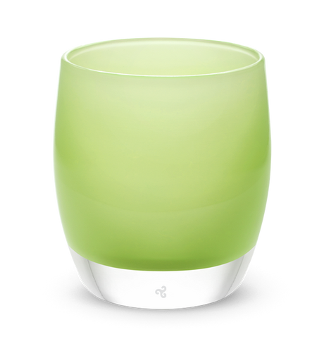 be patient, light green hand-blown glass votive candle holder