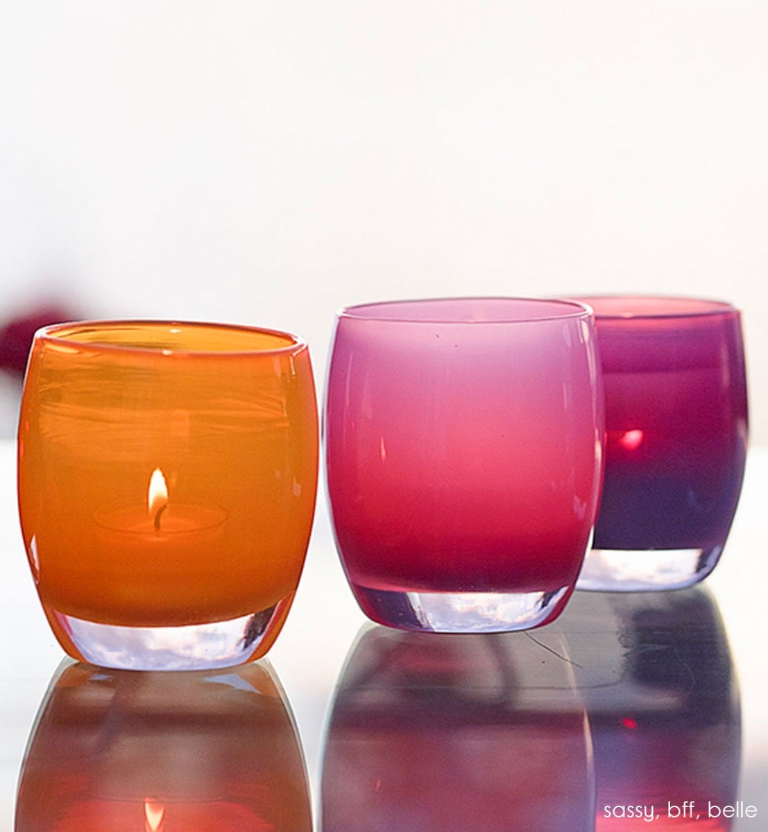 bff grape hand-blown glass votive candle holder. Paired with sassy and belle.