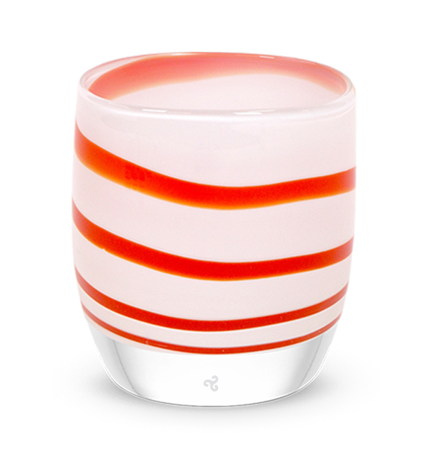 candy cane, red and white striped, hand-blown glass votive candle holder.