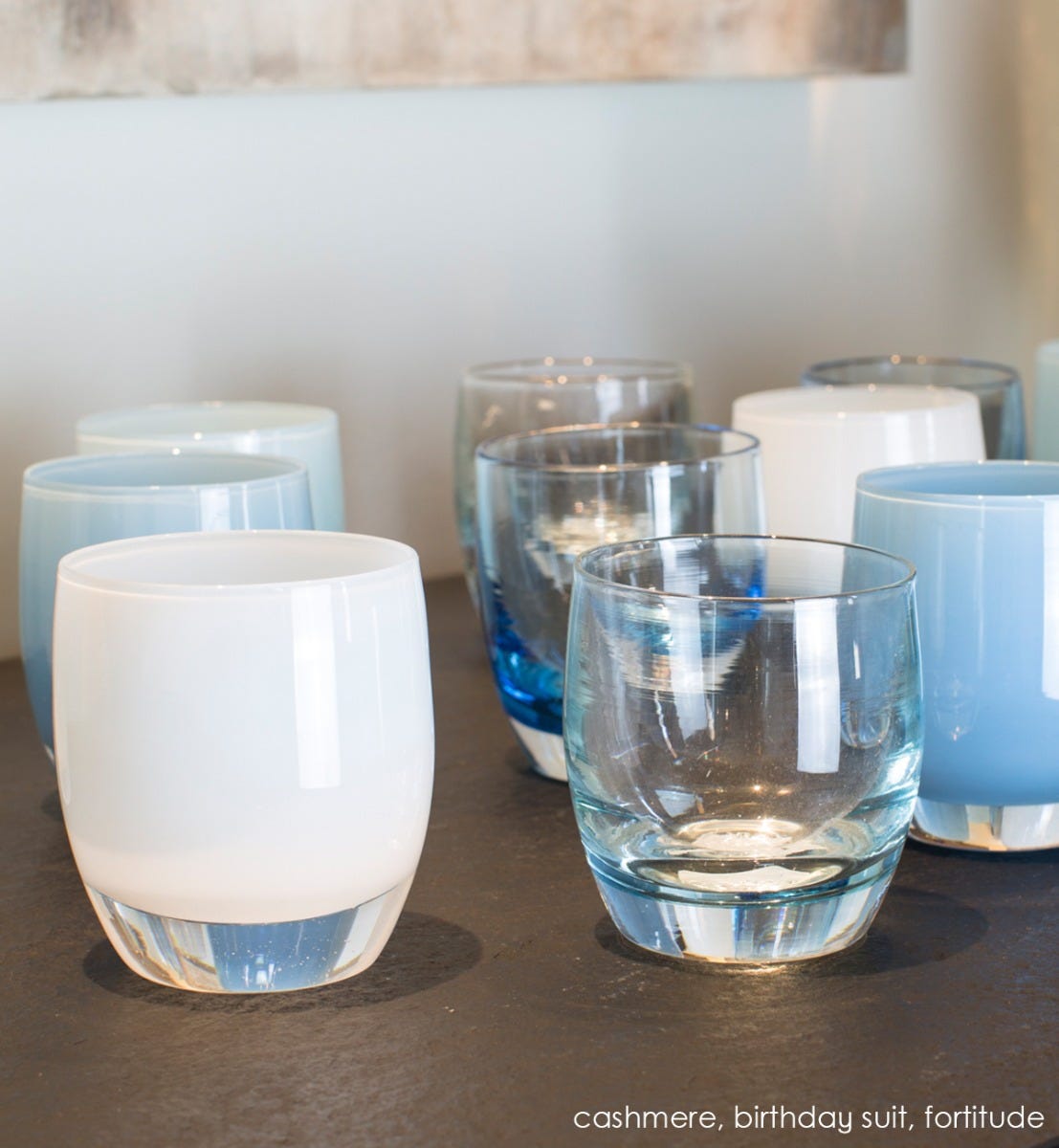 cashmere white with touch of blue hand-blown glass votive candle holder. Paired with birthday suit and fortitude.