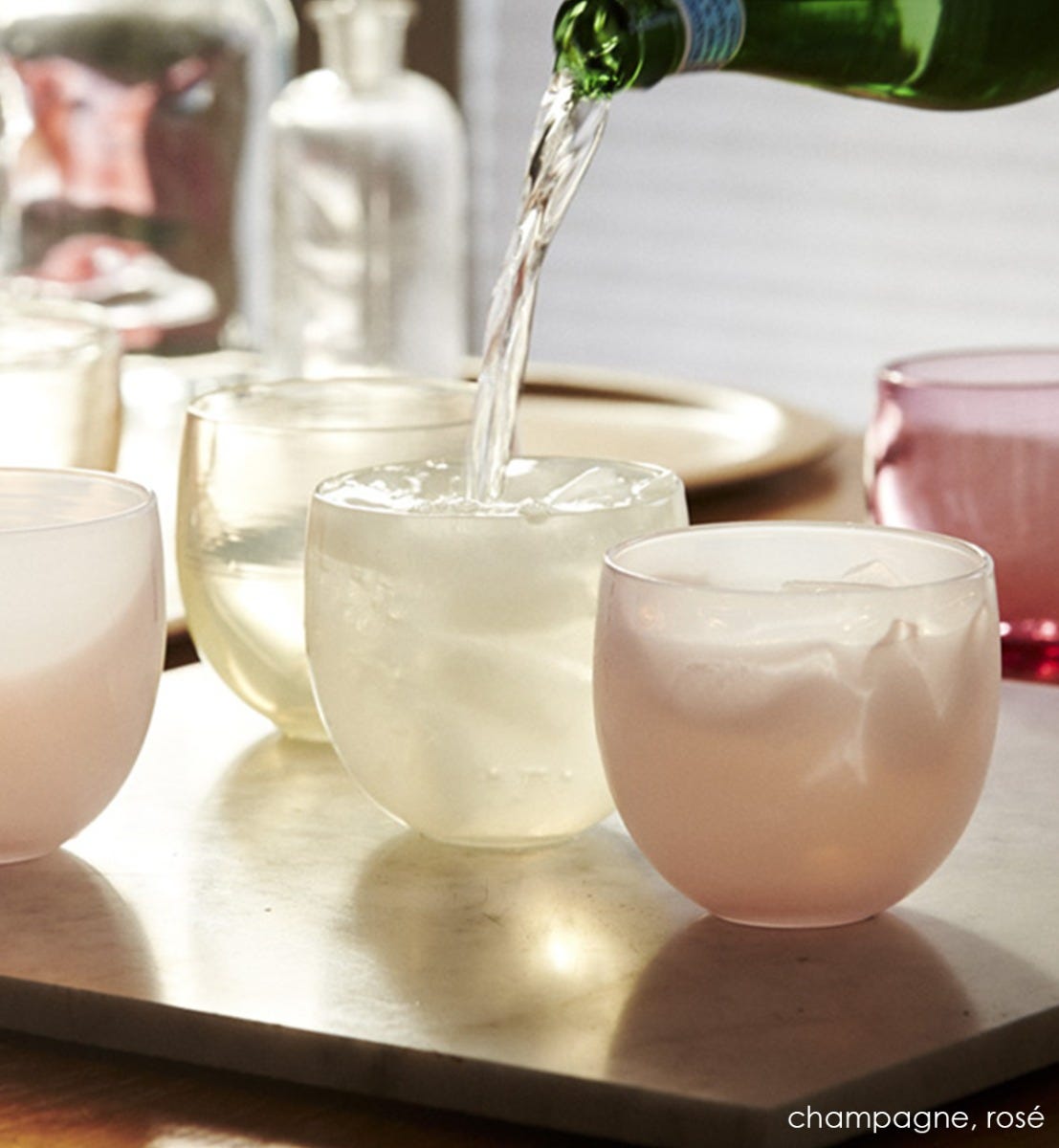 champagne drinker, ivory translucent, hand-blown drinking glass, paired with rose opaque pale pink