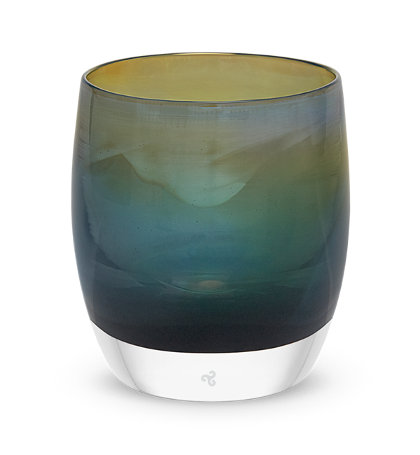 chesapeake hand-blown dark green glass votive candle holder with touch of yellow.