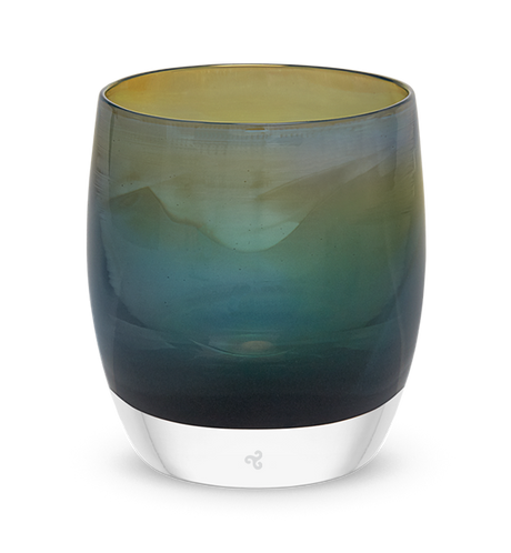 chesapeake dark green with touch of yellow hand-blown glass votive candle holder.