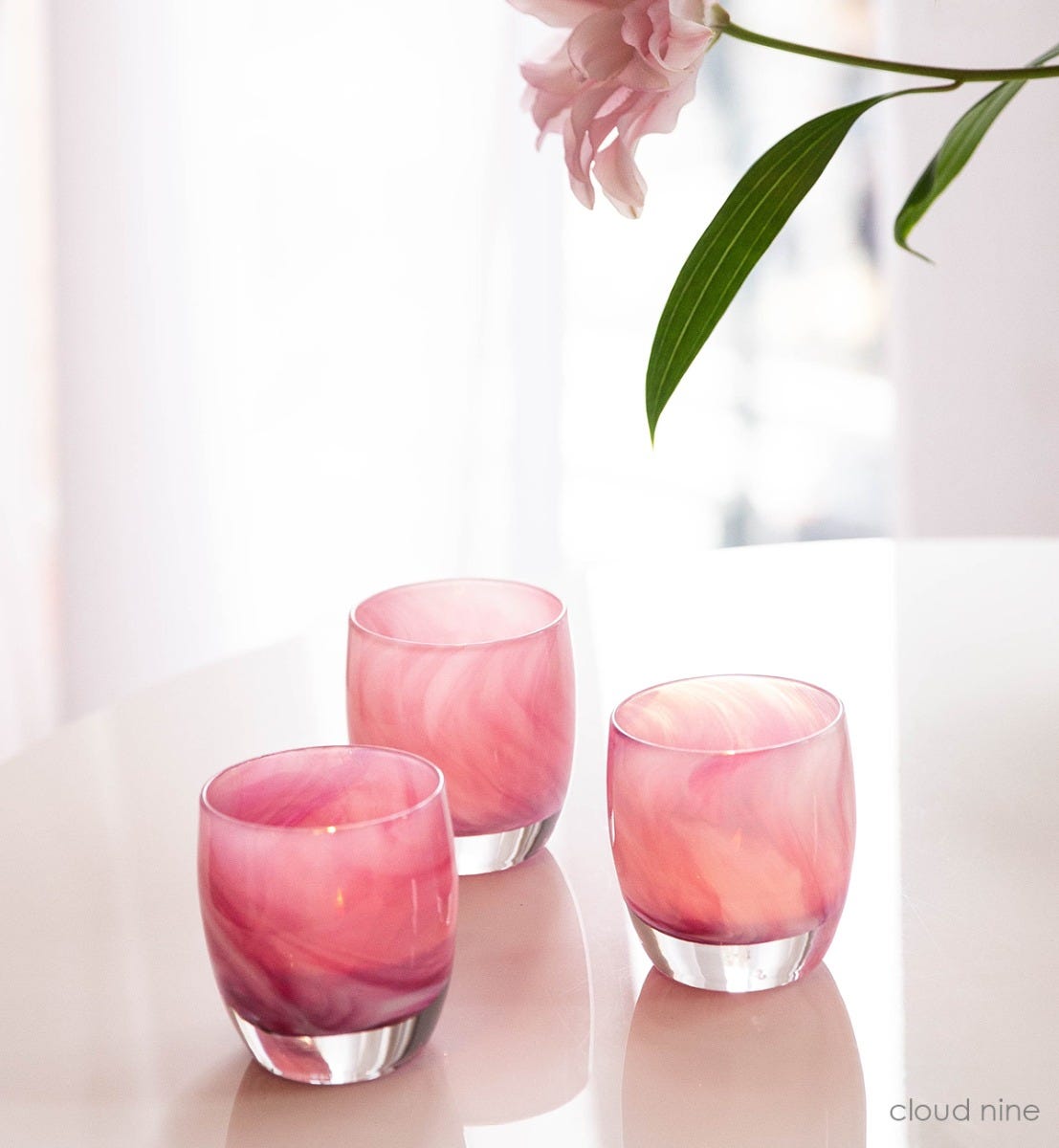 cloud nine hand-blown pink and white swirl glass candle holder