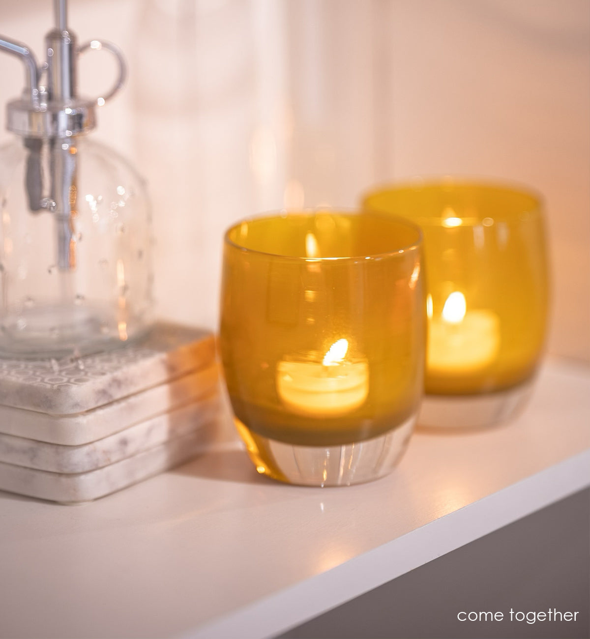 come together tea-stained amber colored, hand-blown glass votive candle holder