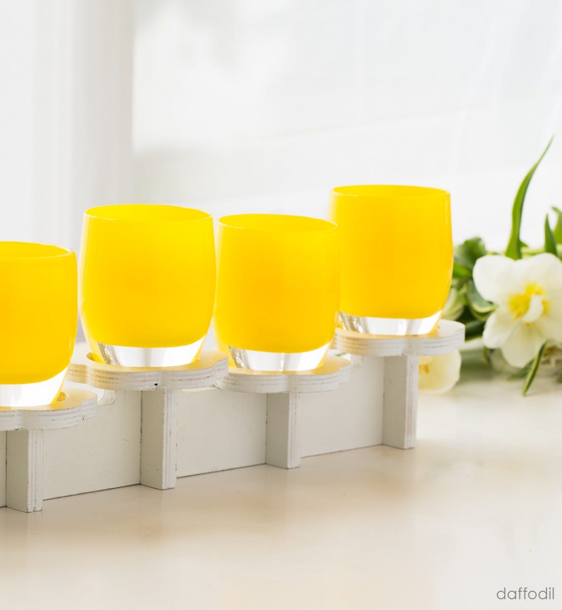 hand-blown daffodil yellow glass votive candle holder