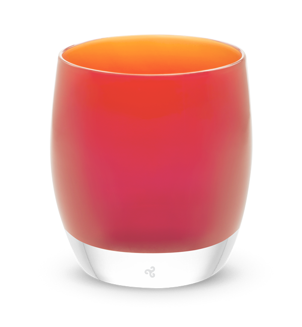 hand-blown ginger red glass votive candle holder.