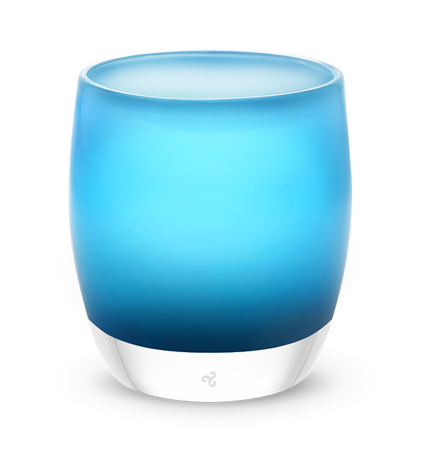 day one, bright blue with white interior, hand-blown glass votive candle holder.