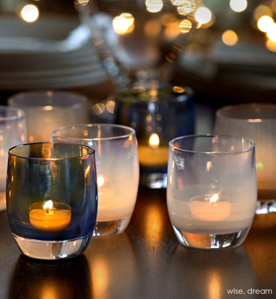 dream clear white, hand-blown glass votive candle holder. paired with wise