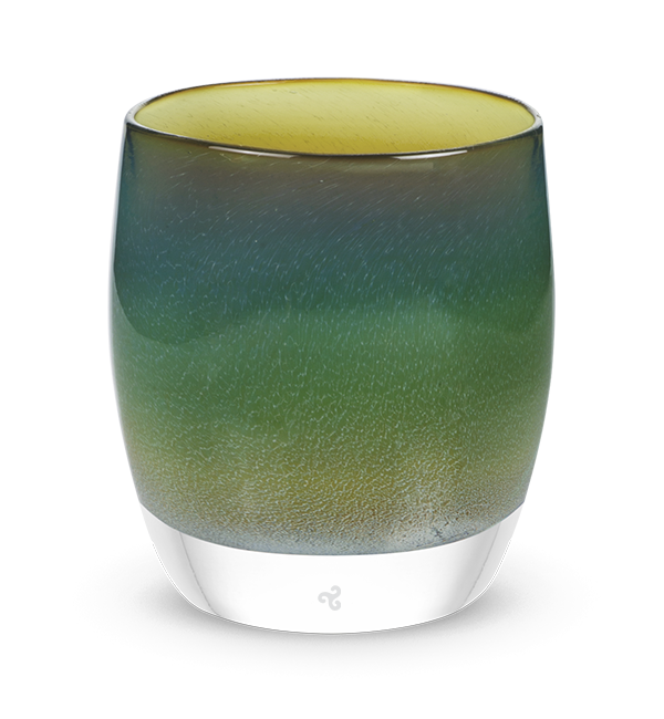 evensong hand-blown green, blue and brown glass votive candle holder.
